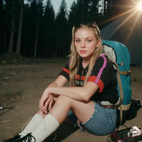 -yeld gi blonde hair, black eyes, green backpack, blue shorts, light blue shirt, long white socks on her legs, Adventure Time style, forest, best quality, ultra-detailed, realistic lighting, vivid colors