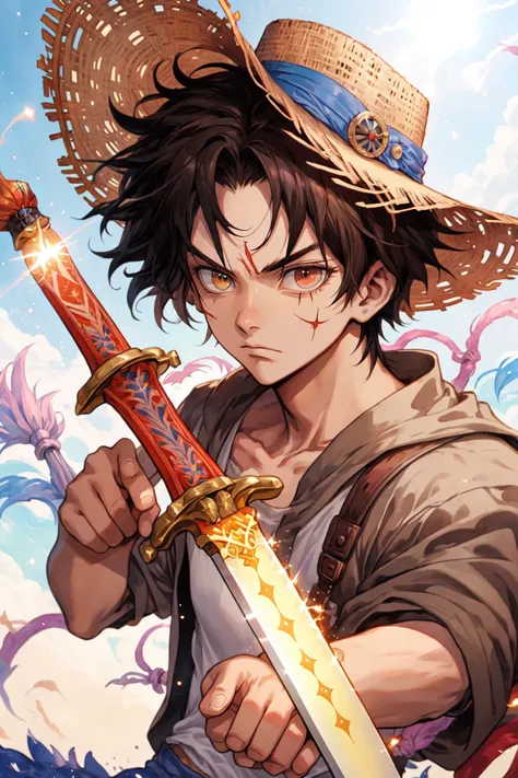 Niji Style, one piece wallpapers, Monkey D Luffy, solo focus, 1 boy, straw hat, scar, scar under eye, brown eyes, in the style of watercolors, Kawaiicore, lens flare, dark beige and red, playful expressions, holding, holding a weapon, sword pointing towards the sky, magic,<lora:NijiStyle_Dusk-05:1>