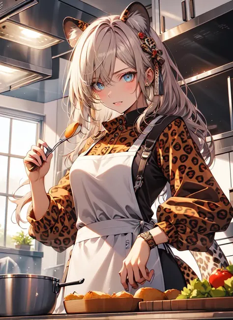 ((best quality)), ((highly detailed)), masterpiece, absurdres, extremely detailed face, beautiful face, (detailed eyes, deep eyes), (1girl), dynamic pose, upper body, -(leopard girl), leopard ears, leopard tail, leopard-print fur, large fangs, (indoors, at a kitchen, apron, cooking food), <lora:NijiStyle_Dusk:1>, Niji Style