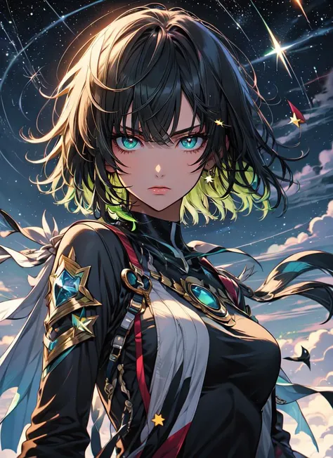 ((best quality)), ((highly detailed)), masterpiece, absurdres, (detailed eyes, deep eyes), (1girl), dynamic pose, upper body, <lora:fubukiOnePunchMan_v10:.7>, fubuki, short hair, straight hair, green hair, (green eyes), , telekinesis, levitation, floating rocks, (outside, stars, galaxies, space, asteroids, planets, evening, night sky, stars, half moon, shooting star), <lora:NijiStyle_Dusk:1>, Niji Style
