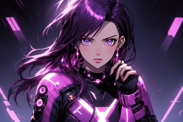 Niji Style, anime fan art of neo deva anime awp senkai neo, in the style of dark violet and dark magenta, corporate punk, chic illustrations, shiny/glossy, realistic human figures, cybermysticpunk, gesture, <lora:NijiStyle_Dusk-05:1>