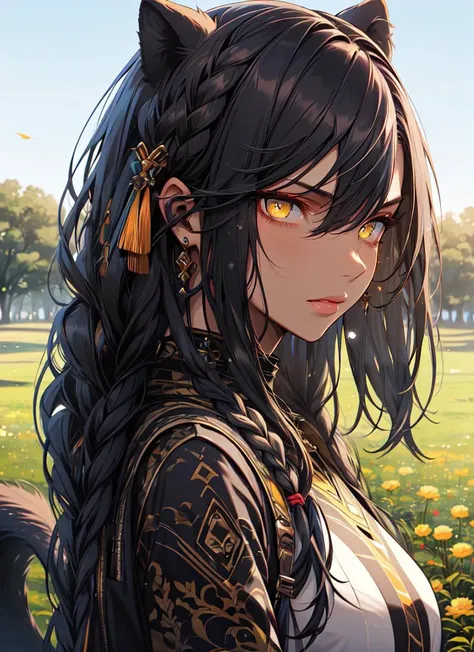 ((best quality)), ((highly detailed)), masterpiece, absurdres, detailed face, beautiful face, (detailed eyes, deep eyes), (1girl), upper body, (panther girl), panther ears, panther tail, black hair, (((ebony skin:1.5))), ((yellow colored eyes)), very long hair, braided hair, athletic, (outside, in a field of flowers, afternoon), <lora:NijiStyle_Dusk:1>, Niji Style