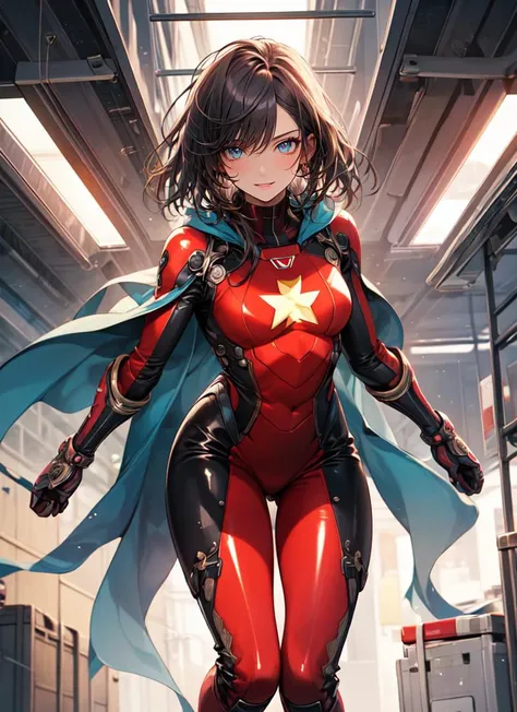 ((best quality)), ((highly detailed)), masterpiece, absurdres, (detailed eyes, deep eyes), <lora:more_details:.3>, (1girl), dynamic pose, full body, superhero, latex bodysuit, skin tight clothes, long cape, gloves, knee boots, (flying), smile, (indoors, at a hospital), <lora:NijiStyle_Dusk:1>, Niji Style