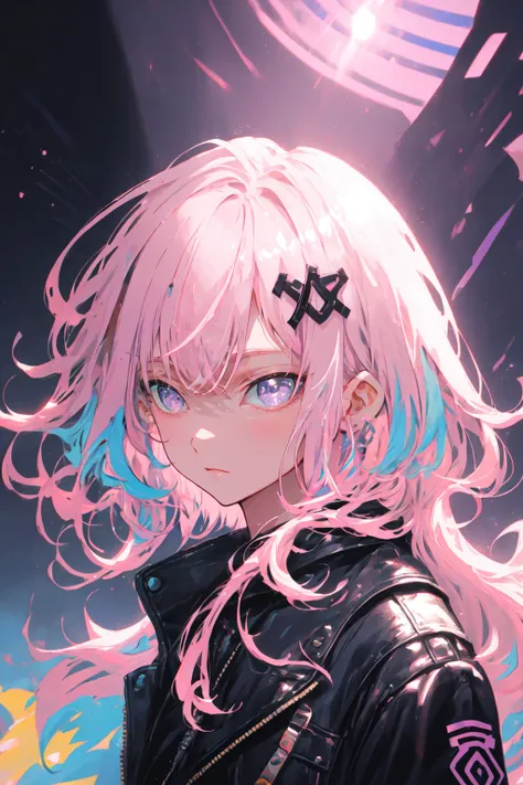 Niji Style,
a girl with light pink hair, wearing a black leather jacket, in the style of digital art techniques, cute and colorful, unreal engine 5, light purple, colorful portraits, cottagecore, realistic hyper-detailed portraits, <lora:NijiStyle_Dusk-05:1>