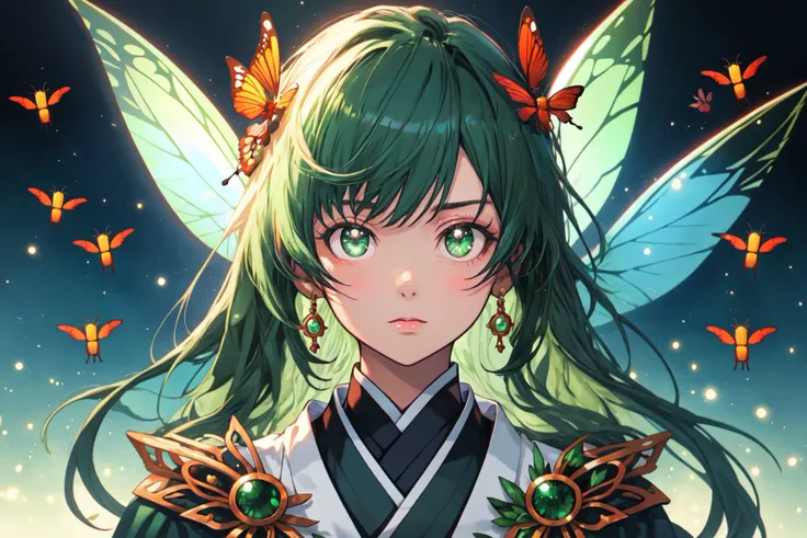 Niji Style, kawaii ayuko by chiyini ph, in the style of fantasy realism, dark emerald and light emerald, fairy academia, 8k resolution, portrait, made of insects, uhd image, <lora:NijiStyle_Dusk-05:1>