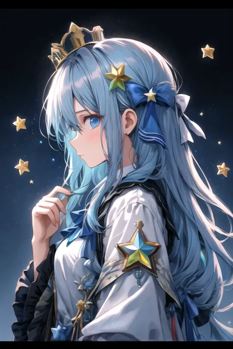 Niji Style, 1girl, solo, long hair, looking at viewer, blush, blue eyes, hair ornament, long sleeves, ribbon, holding, hair between eyes, closed mouth, blue hair, hair ribbon, white shirt, upper body, hand up, star (symbol), from side, looking to the side, profile, blue background, crown, blue ribbon, letterboxed, sideways glance, <lora:NijiStyle_Dusk-05:1>