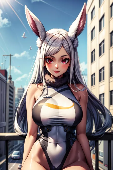 (best quality:1.2), 1girl, (masterpiece:1.2), raytracing, cute face, perfect face, ultra detailed,detailed face, 8k wallpaper, wide hips, <lora:more_details:0.5>, Mirko_NDV, 1girl, red eyes, white hair, large breasts, long hair, dark-skinned female, rabbit girl, animal ears, rabbit ears, muscular female,  <lora:Mirko_NDV:0.7>, smile, city, outdoor, leotard, thighhighs, fur collar