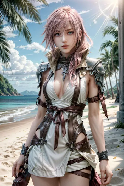 (masterpiece, best quality:1.3)
<lora:epi_noiseoffset2:1> <lora:add_detail:0.7>   <lora:LightningFF13:0.8>
LightningFF13,  1girl, solo, pink hair, at the beach,  minidress, palm trees, sundown