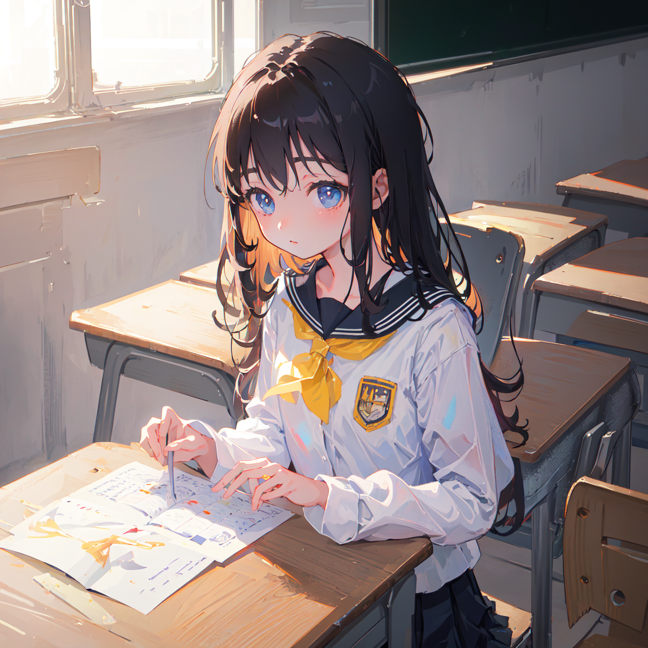 Anime girl sitting at a desk with a book and pencil - SeaArt AI