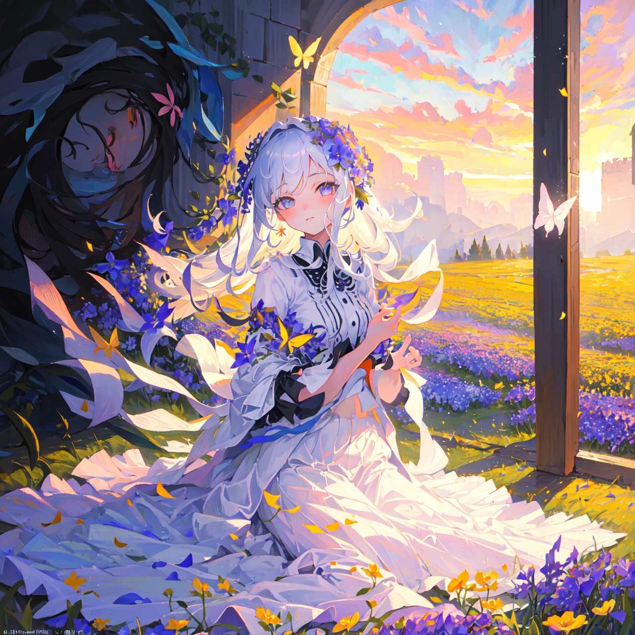 (masterpiece,best quality:1.4),ultra-detailed,illustration,
(solo,1girl,li:1.2),
Flower field, flower, butterfly,