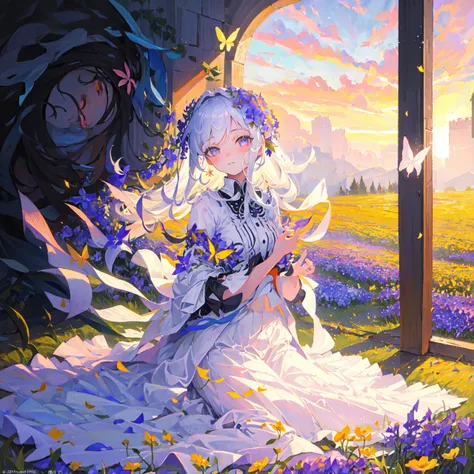 (masterpiece,best quality:1.4),ultra-detailed,illustration,
(solo,1girl,loli:1.2),
Flower field, flower, butterfly,