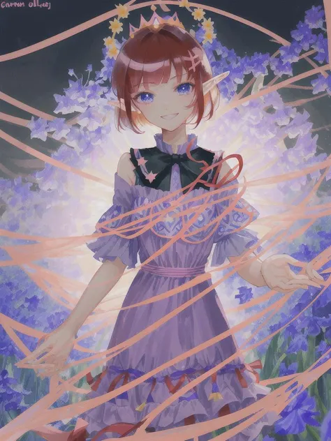(solo:1.5), , (elf:1.5), (dark pink red hair:1.5), (short hair:1.5), (short twintail:1.0), sidelocks, (twintail ribbons:1.5), blunt bangs, (dark blue violet eyes:1.3), (beautiful face:1.5), (loose sundress:1.5), (long dress:0.7), (light lilac dress:1.5), symmetrical dress, (kind smile:1.3), (smug smile:0.8), (happy smile:1.2),
(strange patterns on the dress:1.4),
(BG flower meadow in a fairy forest with bluebells, cornflowers, daisies and poppies, the rays of the sun break through the crown:1.2), straight horizon,
(blue flower in hands:1.2), looks at the viewer,
masterpiece, best quality, ultra-detailed, intricate detail, detailed beautiful face and eyes, 8k, beautiful lighting, digital art, perfect hands, perfect anatomy, vector graphics, anime art, detailed manga
