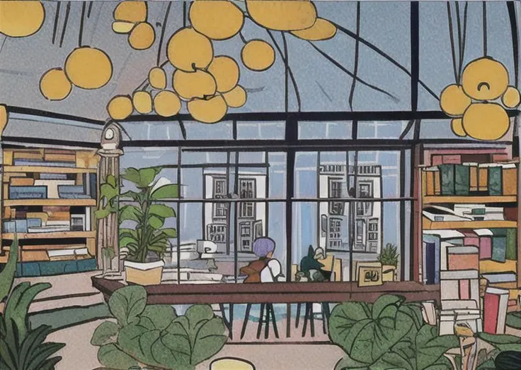 best quality, masterpiece, a line of light bulbs, a little library, The side along the window, plants
<lora:Child illustrationa_20230804152414:1>