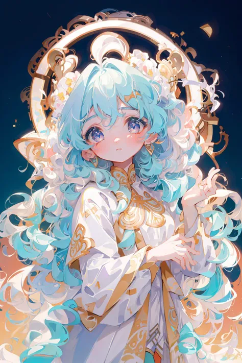 masterpiece, best quality, colorful, vivid colors, official art, illustration, alphonse mucha, cinematic lighting, imaginary, (highly detailed)
((a girl with white curly waves)), upper body, colorful whimsy, flat illustration, geometric shapes, in the style of xiaofei yue <lora:chibi-v1:1>