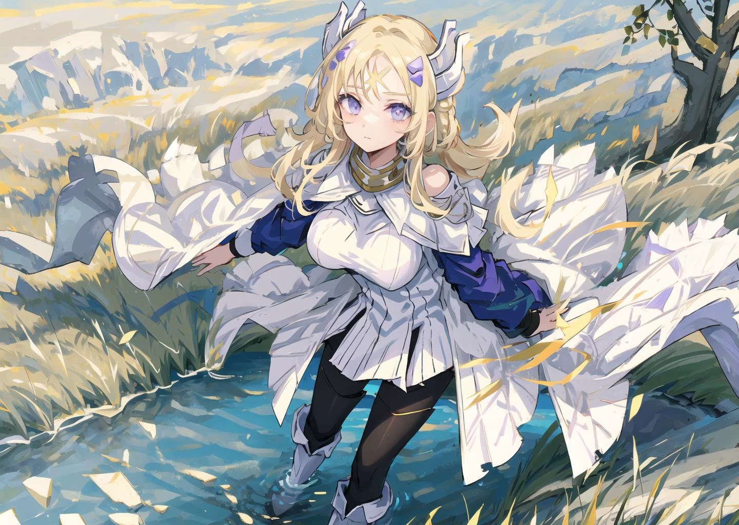 masterpiece,best quality,ultra-detailed,illustration,(1girl),beautiful detailed eyes,looking at viewer,close up,(breast focus),(arms behind back:1.2),(from above:1.1),huge breasts,(breasts out:1.3),(off shoulder:1.1),((messy hair)),(grassland),incredibly absurdres,(gold hair),floating hair,Large number of environments,the medieval,grace,prospect,water eyes,wind,breeze,god ray,lawn,Mountains and lakes in the distance,The sun shines through the trees,A vast expanse of grassland,<lora:è¨ç·´:0.4>,2horns,<lora:ekurishia:0.5>,
(masterpiece),(best quality),extreamly delicate and beautiful,((perfect female figure)),(nature breasts),purple delta headwear,white eyes,1 knight girl,thigh armored boots,black_pantyhose,<lora:aki:0.3>,
