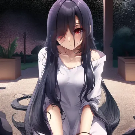 ((masterpiece)),(best quality), absurdres,sadako_yamamura,red eyes,white dress,<lora:Sadakobest:0.9>,   <lora:colorfulDiffusion_v1:1>,
