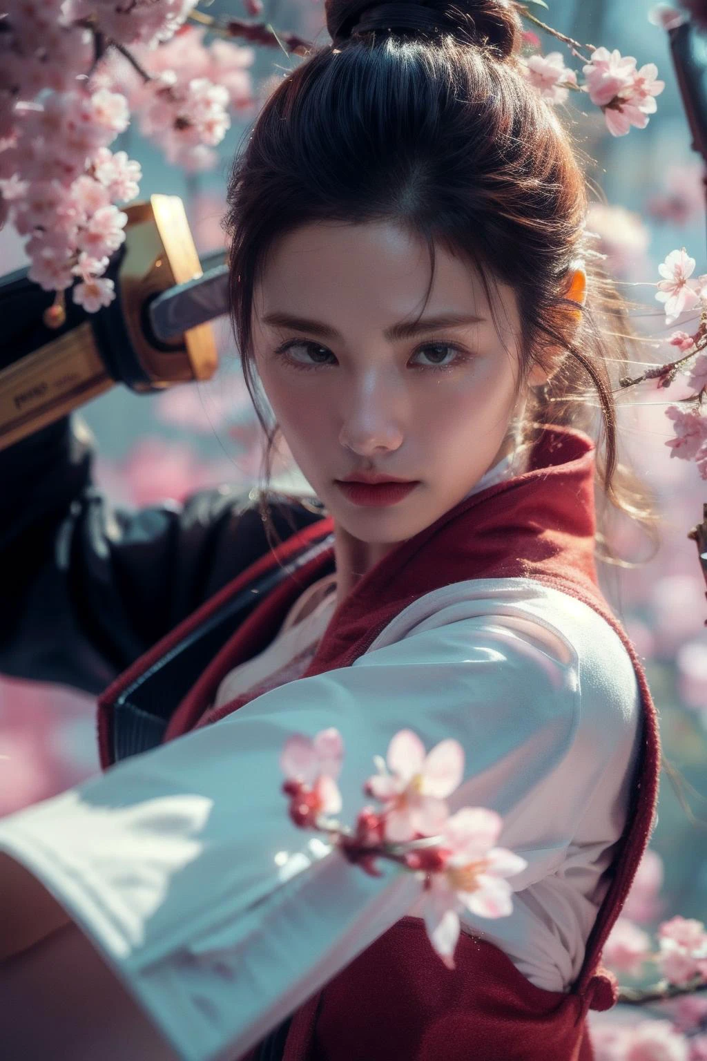 raw photo,1girl,solo, realistic, <lora:makina69_nana_v1.0:1>, <lora:Sword Sakura_20240129064936:0.8>,upper body,blade to side,strike pose,blade down,blade right hand,cherry blossoms,, (masterpiece, best quality, high quality, highres, ultra-detailed),