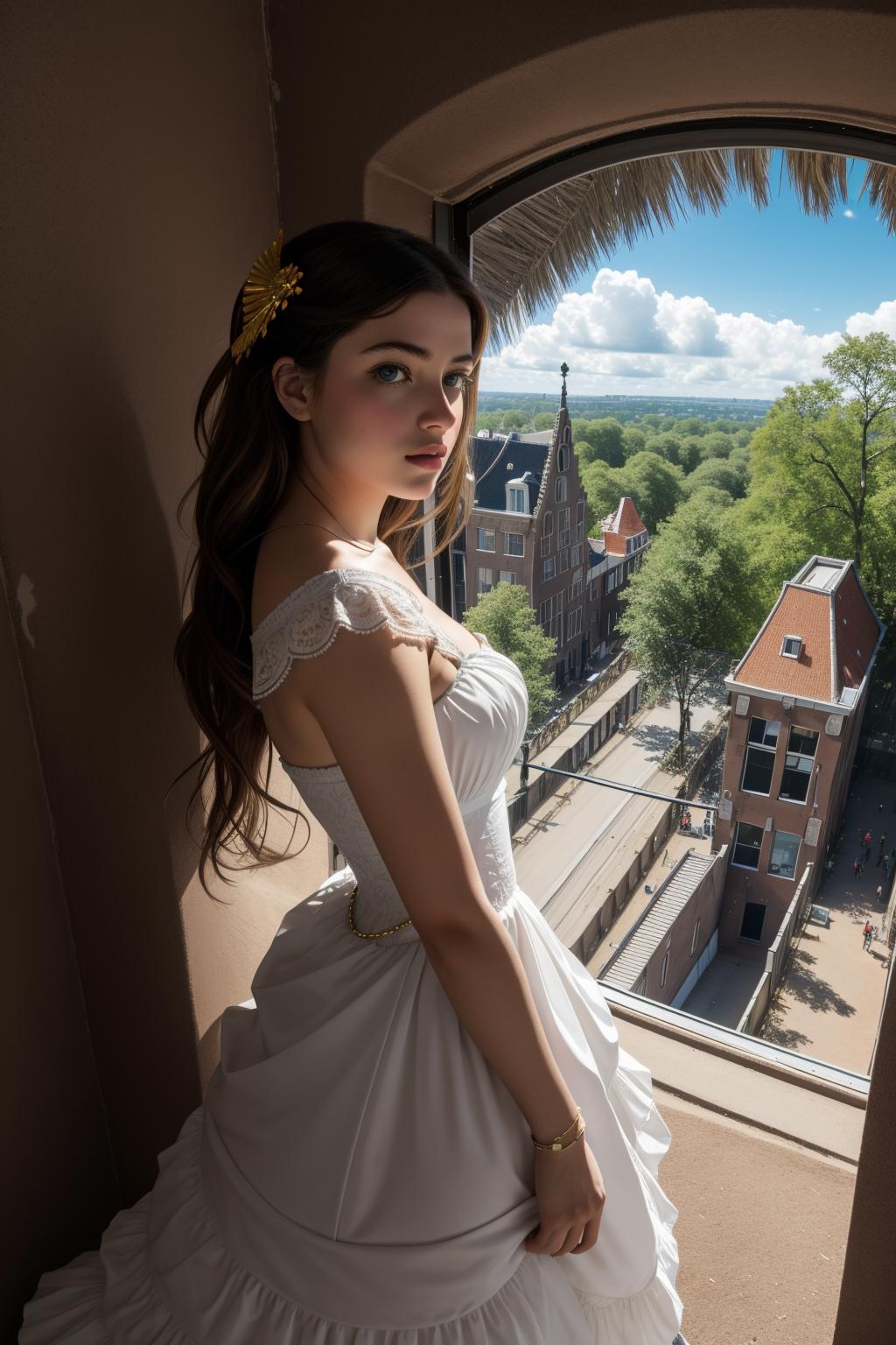A woman in a white dress standing in a window looking out - SeaArt AI