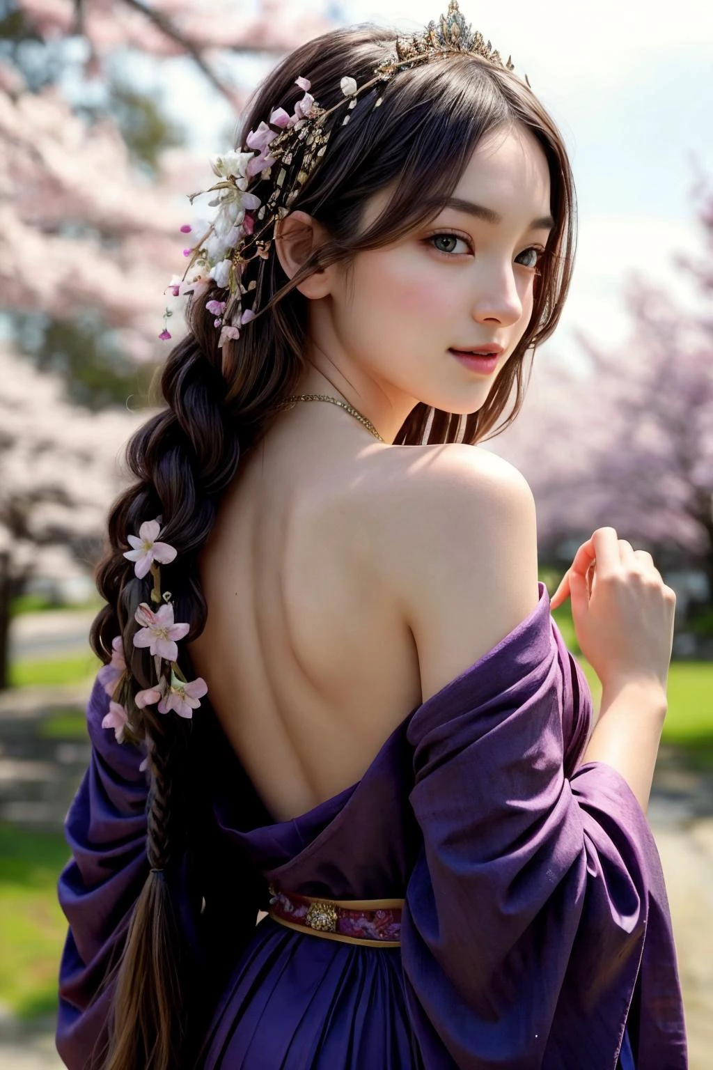 ((art by Will Murai )) bellaramsey ((small breasts, young girl , slender body, )) (( Himari, Ashikaga Clan Princess: Himari is the princess of the Ashikaga Clan, dressed in a flowing purple kimono adorned with intricate patterns of cherry blossoms and dragons. Her long, flowing hair is a silvery hue, styled in a complex braid that cascades down her back. Her eyes are a deep, mesmerizing purple, and she wields a powerful fan called "The Celestial Wind," which generates gusts of celestial energy that heal allies and harm enemies. Additionally, she wears a pearl necklace that enhances her charisma, making her beloved by her people and influential in negotiations. )) , she With arms raised and fingers intertwined above her head, stretching upwards, she channels energy and rejuvenation and she is Relieved - A relaxed smile and a sigh of relief. , perfect body proportions, realistic skin details BREAK, ultrasharp, ultradetailed, perfect quality, masterpiece, intricated details, ultra clear, <lora:add_detail:0.7>, <hypernet:sxzBloom_sxzBloom:0.3>, detailed skin perfectly detailed face, sharp face, nordic wilalge in background