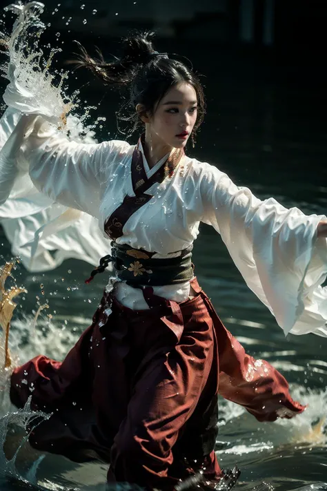 ultra high resolution, ((masterpiece))), (((best quality))), ((super detailed)), ((extremely delicate and beautiful)),cinematic light, detailed environment(real), motion blur, depth of field, 1 girl,solo,black hair,High ponytail,(absurd long ponytail:1.3), (dark red and light gold hanfu:1.2), wide sleeves, wide sleeves, outstretched arms, fighting stance, (splashing:1.3),<lora:makina69_wonyoung_v3.0:0.8> <lora:ç»ªå¿-æ­¦ä¾ V4 xuer martial arts:0.8>, xuer martial arts