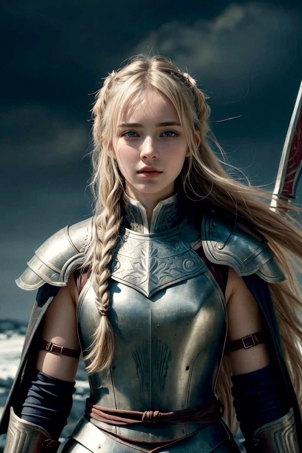 ((art by Nicola Samori )) jp-dscute1-4750 ((small breasts, young girl , slender body, )) (( nordic, medieval, scandinavian , Eilif, Berserk: Eilif is a berserk warrior from the Norse lands, feared for her unpredictable ferocity and strength. Her wild, blonde hair is tied back in a loose braid, revealing sharp features and piercing blue eyes. She wears a suit of battered and dented plate armor, patched together from countless battles. In her hand, she grips a massive battle-axe, the blade scored and nicked from countless kills. Blood spatters her armor and face, a grim reminder of the violence she revels in. , )) , she Elemental Control: Hands extended, showcasing control over fire, ice, or other elements. and she is Perplexed - Furrowed brows and a tilted head. , perfect body proportions, realistic skin details BREAK, ultrasharp, ultradetailed, perfect quality, masterpiece, intricated details, ultra clear, <lora:add_detail:0.7>, <hypernet:sxzBloom_sxzBloom:0.3>, detailed skin perfectly detailed face, sharp face, nordic wilalge in background