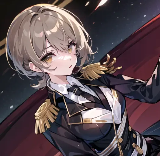 (((masterpiece))),highly detailed, ((best quality)) (highres), aki_rinco, (1girl), solo, black_gloves, brown_hair, eyebrows_visible_through_hair, grey_hair, long_sleeves, looking_at_viewer, military, military_uniform, necktie, epaulettes, <lora:military_rinco-000012_loss_0.1127:1:OUTALL>