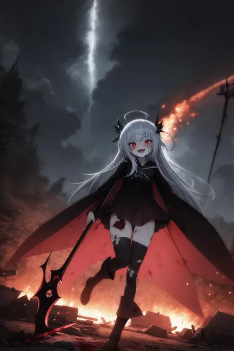 1girl, solo, attacking motion, rushing on, sword dance, dragging death scythe, eerie grim reaper, noble gothic dress, death symbol, laud laughter, black short boots, enormity, cruel, murderous intent, eerie atmosphere, white longhair, shiny slant red eyes, from front, disdain, glaring, staring, blood all over body, dynamic angle, close range, climax battle, last battle, battle stance, outdoor, ruined castle town, hellfire, tempest sky, lightnings, thunderbolt, conflagration, war fire, dof