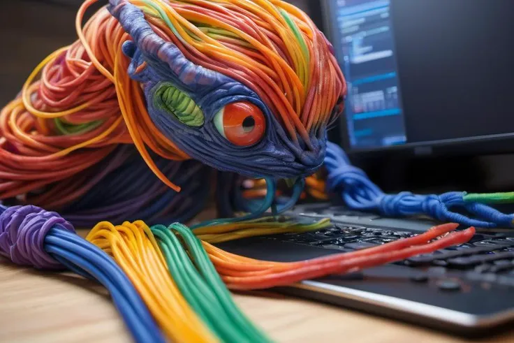 perspective view, extreme angle, foreground, (Red, orange, yellow, green, blue, indigo, violet) spaghetti noodles creature doing work on the pc, cable clutter hyperrealism