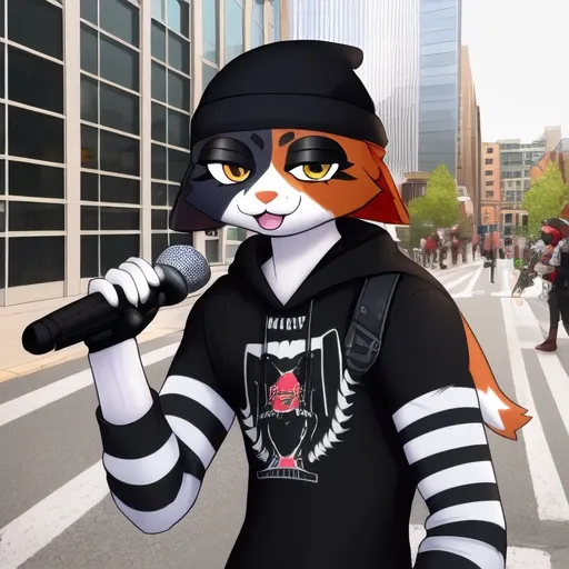 Highly detailed portrait of Meowskulls rapping with a microphone in hand at a street concert