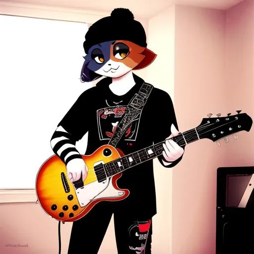 Highly detailed portrait of Meowskulls playing the guitar in his room
