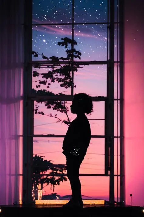 <lora:jianying:1>,jianying,silhouette,,child,little girl ,full body ,from side ,standing ,
star \(sky\) meteor ,
window ,tree ,