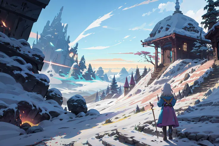 2D ConceptualDesign, tree, scenery, outdoors, sky, snow, 1girl, solo, from behind, standing, mountain<lora:Stylized Concept design CG:0.8>