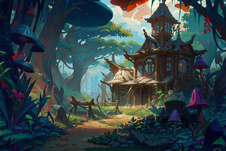 2D ConceptualDesign, scenery, mushroom, tree, nature, grass, forest, night, no humans, outdoors, moon, dark<lora:Stylized Concept design CG:0.8>