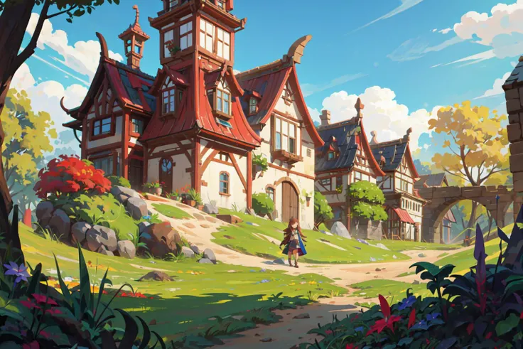 2D ConceptualDesign, outdoors, tree, flower, day, grass, scenery, plant, 1girl, sky, nature, brown hair, red hair<lora:Stylized Concept design CG:0.6>