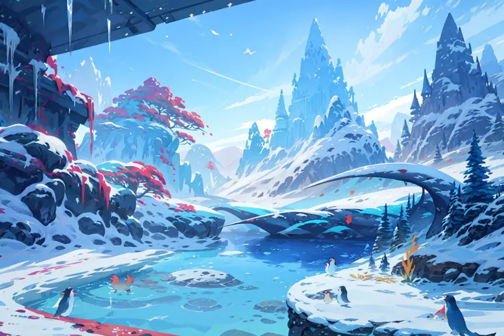 2D ConceptualDesign, penguin, bird, snow, scenery, mountain, outdoors, ice, whale, animal, aurora, sky<lora:Stylized Concept design CG:0.8>