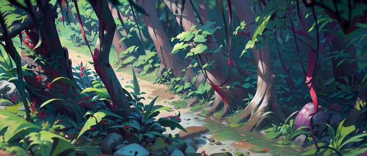 2D ConceptualDesign, nature, scenery, forest, outdoors, tree, moss, no humans, grass, blurry foreground, rock, blurry, backpack, depth of field, day, signature, sunlight,  <lora:Stylized Concept design CG:0.8>