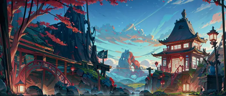 2D ConceptualDesign, scenery, outdoors, cloud, (night:1.3),(chinese new year:1.2), sky, tree, blue sky, mountain, landscape, water, backpack, <lora:Stylized Concept design CG:0.8>