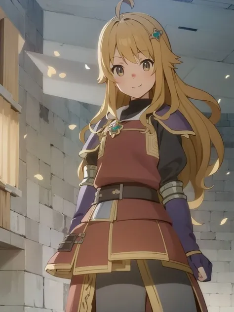 masterpiece, best quality, anime screencap, 1girl, emilybrown, (fantasy armor:1.4), long hair, hair ornament, blonde hair, light smile, ahoge, cowboy shot, looking at viewer, <lora:emilybrown:0.7>