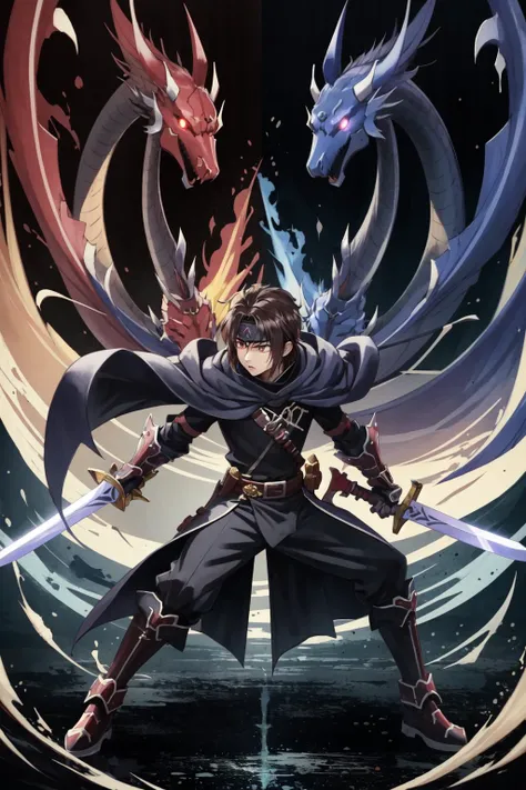 absurdres, ultra detailed, 1boy, AshtonAnchors <lora:AshtonAnchors:0.8>, cape, black robe, headband, 2 dragons, dual wielding, sword, action scene, dynamic pose, outstretched arms, (glowing eyes, red eyes:1.1),
BREAK
,(fire, ice, red and blue theme:0.5),abstract background