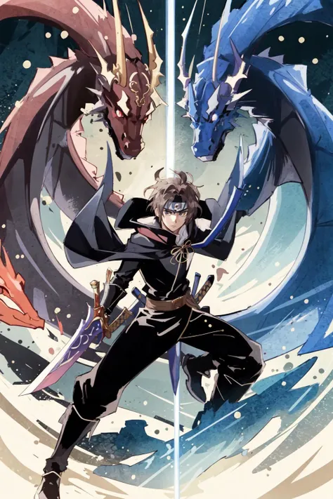 masterpiece,best quality, 1boy, AshtonAnchors <lora:AshtonAnchors:0.8>, cape, black robe, headband, 2 dragons, dual wielding, sword, (fire, ice, red and blue theme:0.5), from side, action scene, dynamic pose