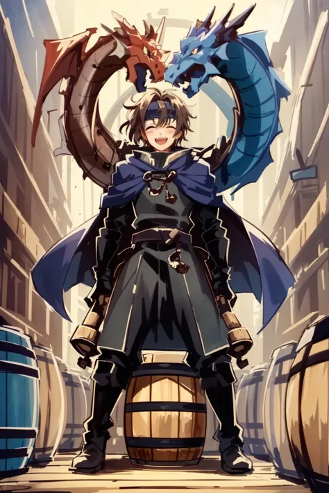 masterpiece,best quality,solo, 1boy, AshtonAnchors  <lora:AshtonAnchors:0.8>, cape, black robe, headband, 2 dragons, multiples wooden barrels,  happy, laughing, hearts, barrel warehouse