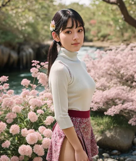 <m0k4h1>, woman, nature asian, Flowering, intricate, skirt, (Japanese dress, turtleneck), close portrait photo