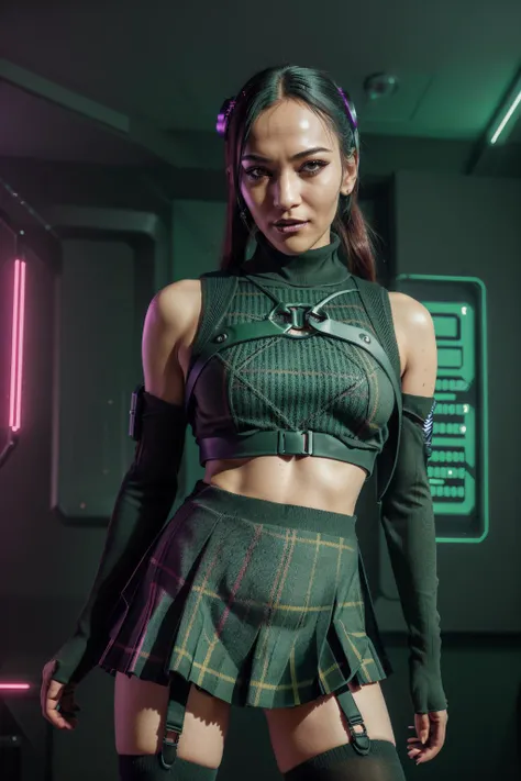 Photo of m0k4h1 in (((cyberpunk School Dress, thighhighs, plaid pleated mini skirt, sweater, turtleneck, harness))), thigh boots, (((green eyeliner))), goth makeup, (((dark lipstick))), eyeliner, pigtails, in futuristic classroom, photorealistic, 4k, gritty aesthetic, film grain, 35mm film, zoom lens, film burn effect, harsh window lighting ,cyberpunk setting, night time <lora:DetailedEyes_V3:1> <lora:ARWCyberpunkInterior:0.4> cyberpunkinterior <lora:realistichands:1>  <lora:RB_School_Dress_By_Stable_Yogi:0.8>