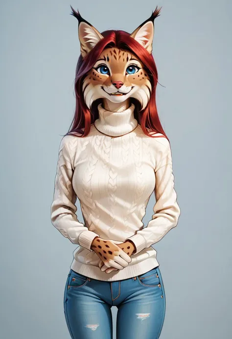 digital_media_(artwork) hi_res, score_9, score_8_up, score_7_up, score_6_up, source_furry, rating_safe, anthro, furry, female, furry female, detailed textured fur, fur tufts, lynx, red hair, blonde brown fur, spots, beautiful blue eyes, medium breasts, covered breasts, slim, slender, turtleneck sweater, denim jeans, smile, SFW,