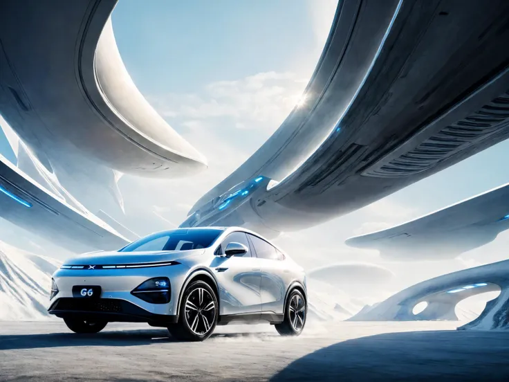 XPeng G6, a car, (futuristic white sci-fi), (((futuristic alien planet scene))), realistic, sharp focus, HD, highly detailed, intricate, photography, hyperrealism, hyperrealistic, film, studio light, detail, dramatic lighting, <lora:xpeng_v1.2:0.8>