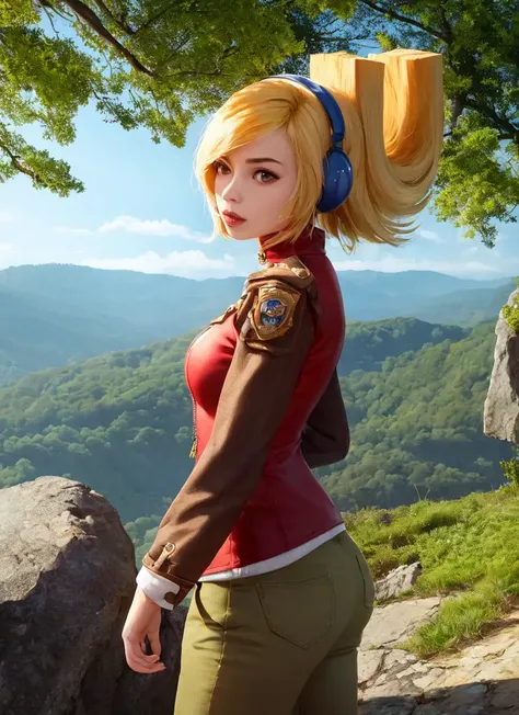 (photorealstic:1.3), masterpiece, best quality, 1girl, solo, robin, red jacket, pants, ponytail, parted lips, cowboy shot, from side BREAK road, forest, (rock cliff), hills, pine tree <lora:Robin (Iconoclasts):1>