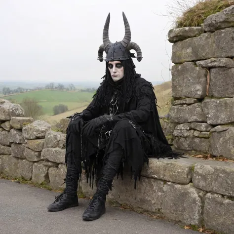 <lora:SDXL_Mask_Sa_May:1> mask, a man dressed in a horned costume sitting on a stone wall, gothic