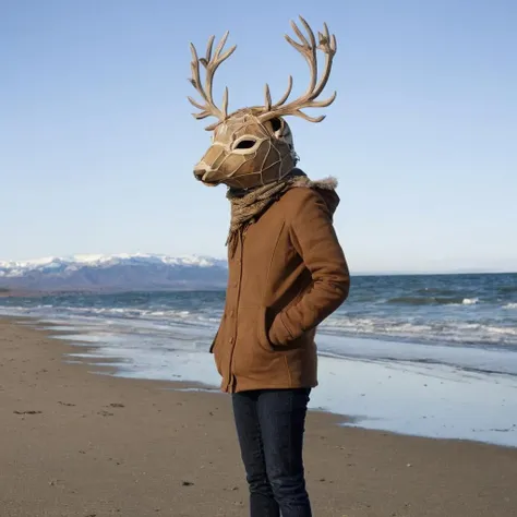 <lora:SDXL_Mask_Sa_May:1> mask, a person with a deer mask standing on a beach