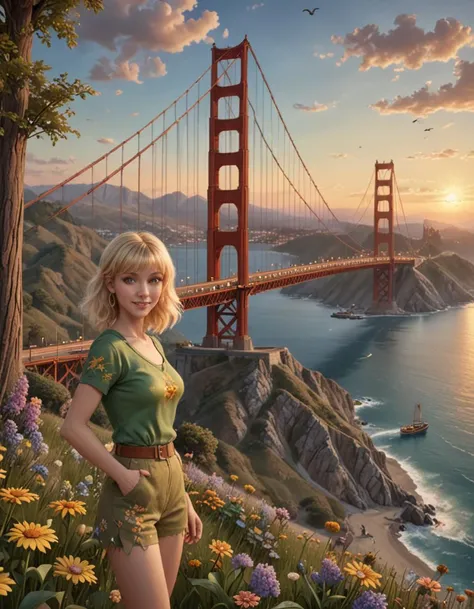 Livia from Switzerland, (short-cut:1.2) bangs honey-blonde hair, golden gate bridge at sunset by Thomas Kinkade, green dragon flying above, Greg Rutkowski. trending on artstation, Unreal Engine, cgsociety, Hudson River School, 8k render, radioactive wilderness, glowing flora, mutated fauna, hazardous terrain <lora:59c2cc3f-e6d0-419a-b9cf-678143e1e9e4:0.7>