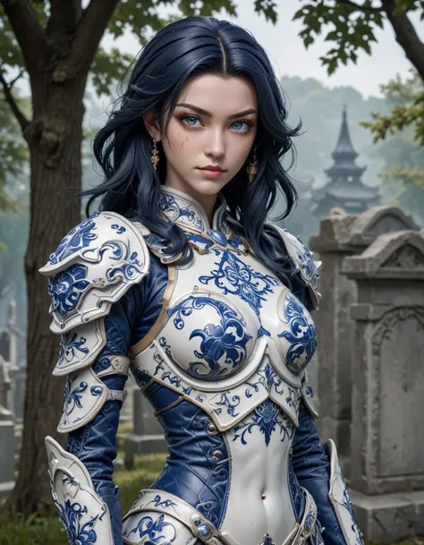 porcelain cyborg armor, Chinese Blue and white porcelain, diffuse lighting, fantasy, intricate, elegant, highly detailed, lifelike, photorealistic, digital painting, artstation, illustration, concept art, smooth, sharp focus, art by John Collier and Albert Aublet and Krenz Cushart and Artem Demura and Alphonse Mucha, forgotten cemetery, weathered tombstones, overgrown foliage, silent memories <lora:59c2cc3f-e6d0-419a-b9cf-678143e1e9e4:0.7>